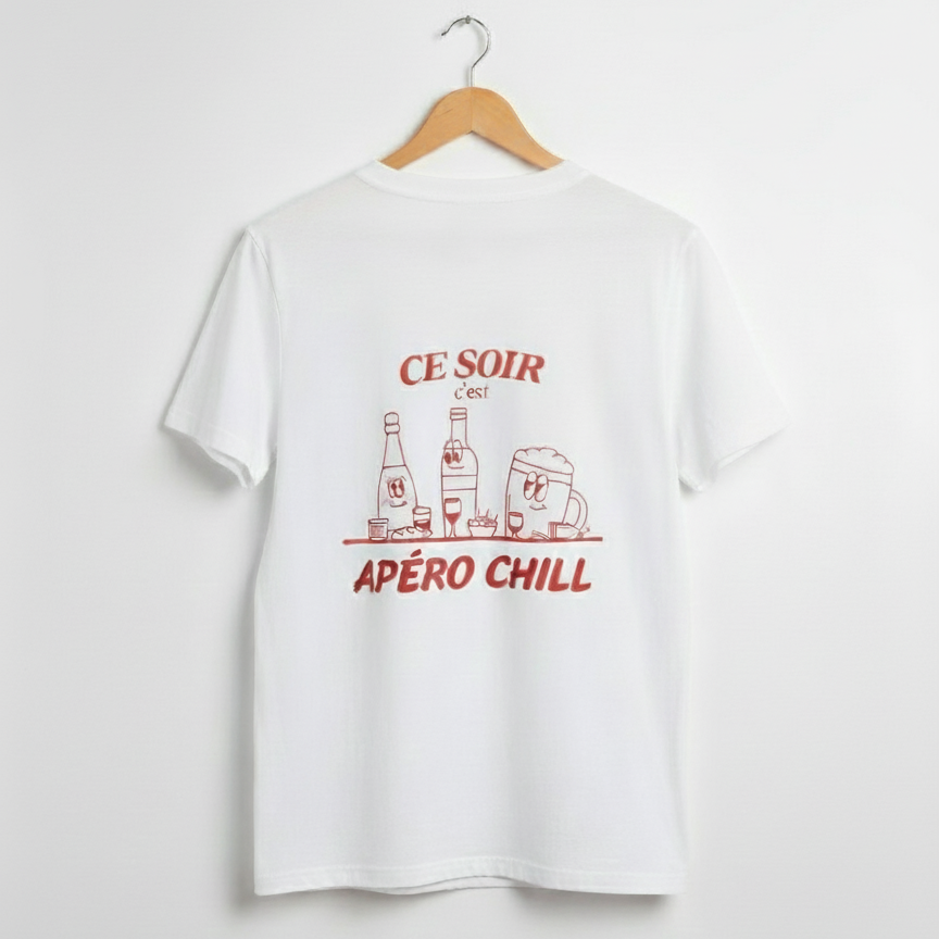 Détail du message humoristique au dos du t-shirt Apéro Chill
