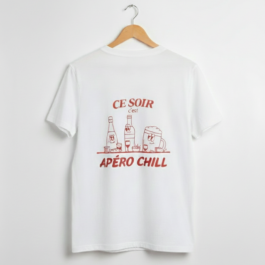 Détail du message humoristique au dos du t-shirt Apéro Chill
