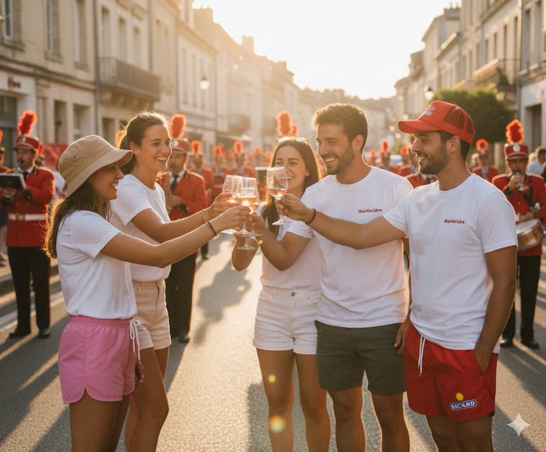Groupe d'amis célébrant avec accessoires d'apéro QuartierLibre