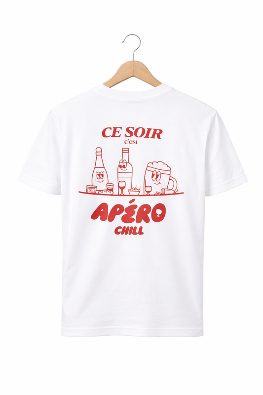 tee shirt apero chill en coton biologique de dos sur un cintre sur fond blanc 